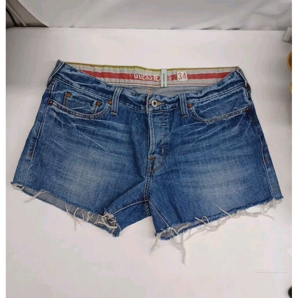 Guess Shorts Blue Denim Cut Off Women's Sz 34 Distressed Embroidery Pockets - Picture 5 of 10